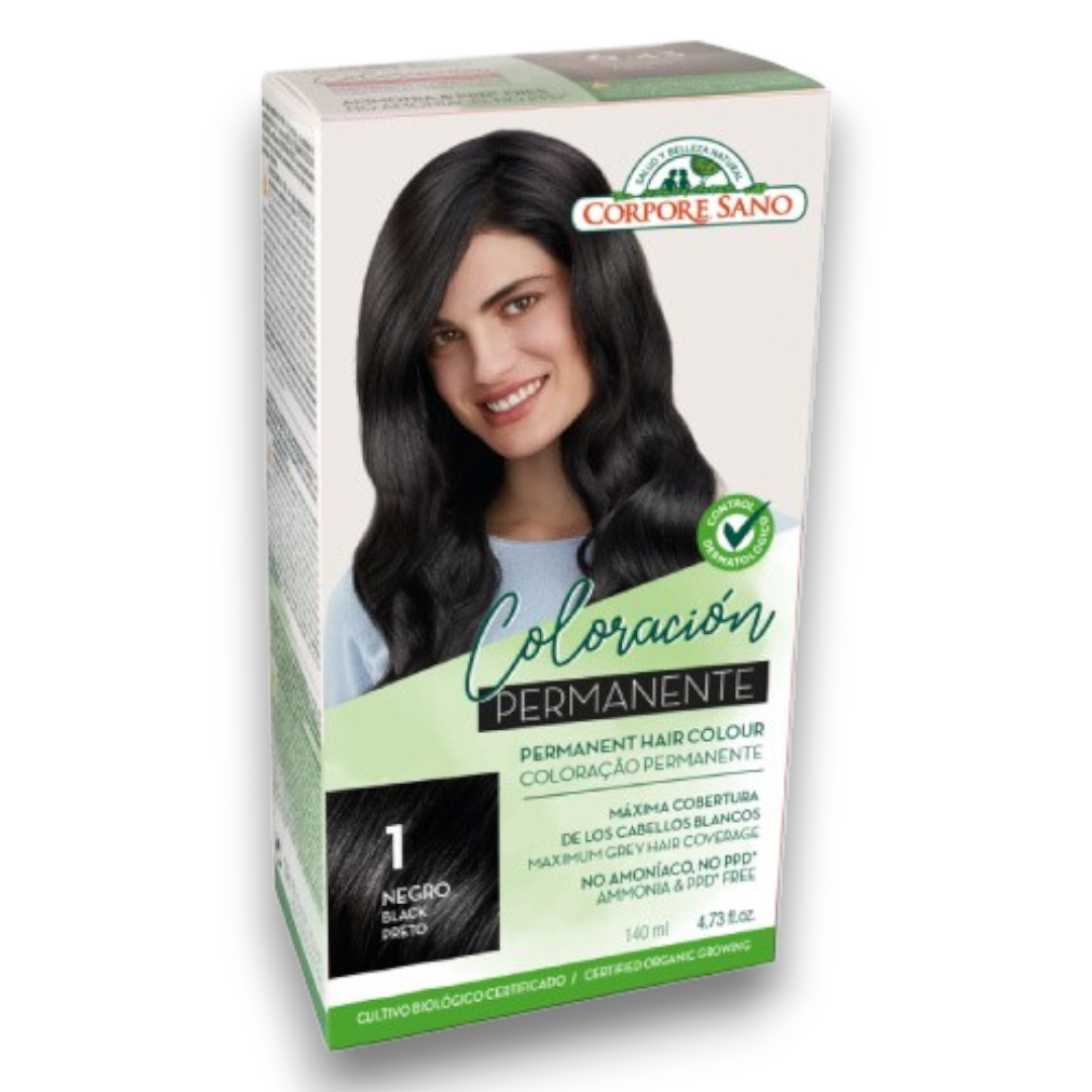 Coloración Permanente 1. Negro Sésamo, Girasol y Keratina Vegetal 140 ml - Corpore Sano