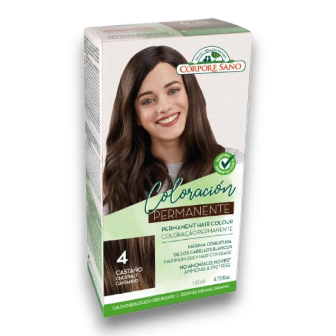 Coloración Permanente 4. Castaño Sésamo, Girasol y Keratina Vegetal 140 ml - Corpore Sano