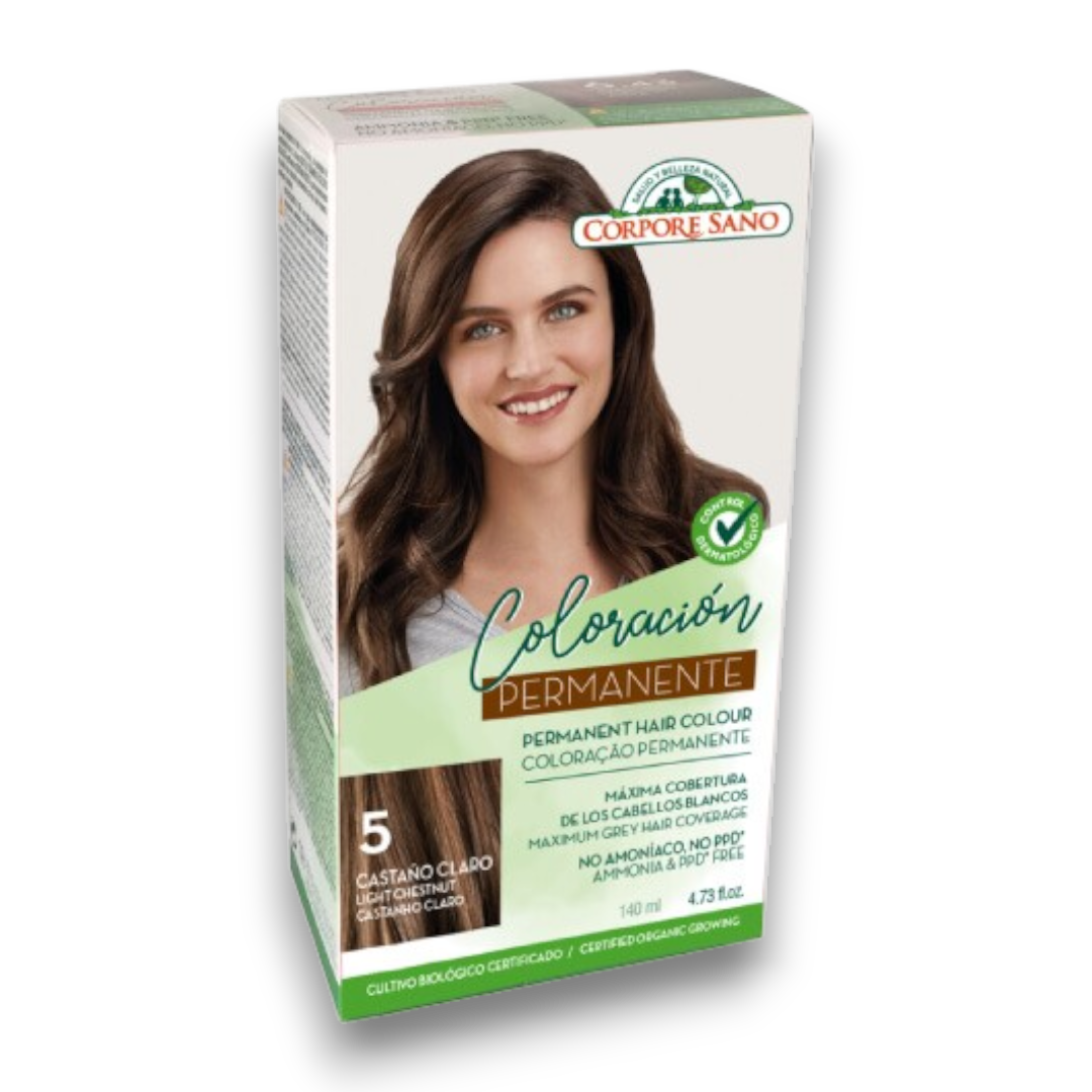 Coloración Permanente 5. Castaño Claro Sésamo, Girasol y Keratina Vegetal 140 ml - Corpore Sano