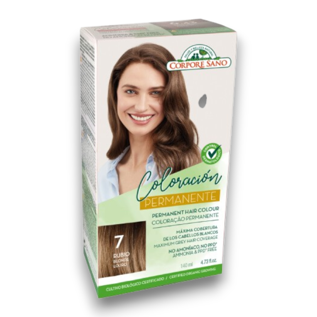 Coloración Permanente 7. Rubio Sésamo, Girasol y Keratina Vegetal 140 ml - Corpore Sano