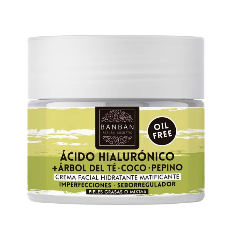 Crema Facial Banban con Ácido Hialurónico – Hidratante matificante con árbol del té, coco y pepino