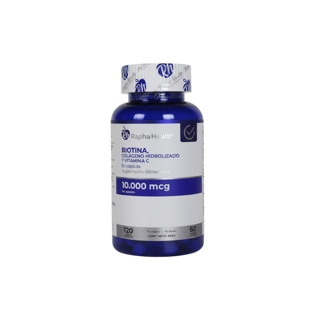 Biotina, Colageno Hidrolizado y Vitamina C 120 Capsulas - Rapha Health
